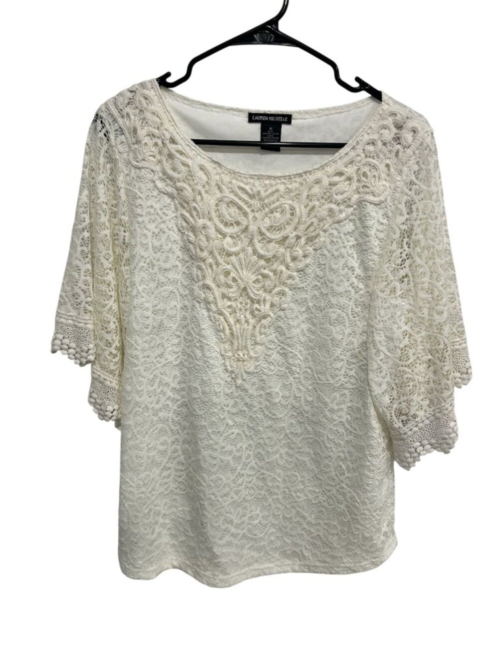Lauren Michelle XL White Lace Top Bell Sleeves Crochet Hem Boho Chic Romantic